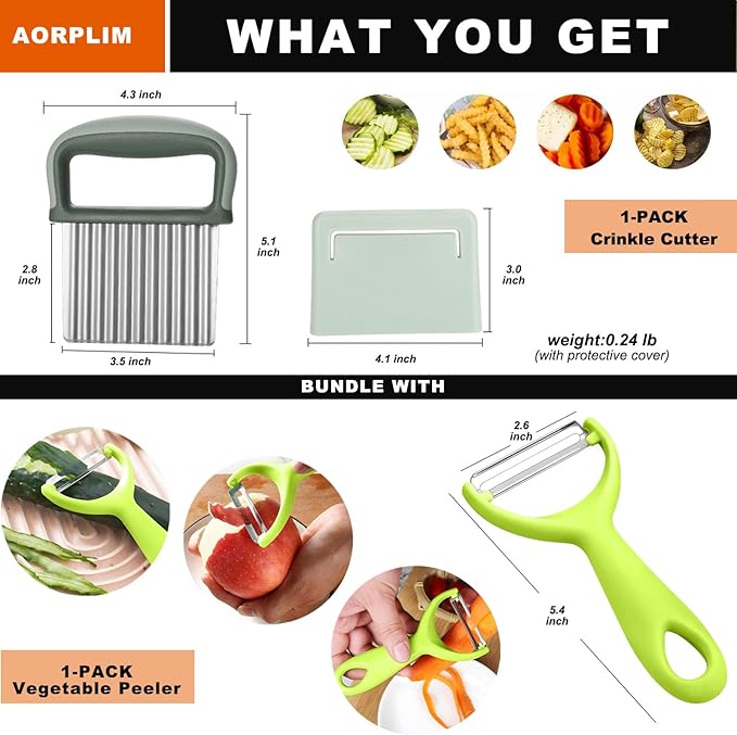 Crinkle Cutter and Vegetable Peeler 2 PCS, Wave Slicer Fry Cutter with Stainless Steel Blade Food-safe for Veggies, Handheld Vegetable Chopper, Salad Garnishing Tool, DishwasherSafe