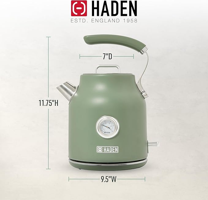 Haden Dorset 1.7 Liter Stainless Steel Electric Kettle, Hot Water Kettle with 360-Degree Base and Auto Shutoff, Cedar Green & Chrome