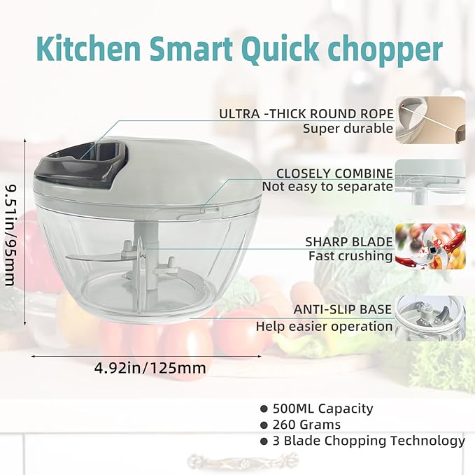 Manual Food Processor Vegetable Chopper, Hand Pull String Garlic Mincer Cutter for Veggies, Fruits, Nuts, Meat, Salad,500ml Gray