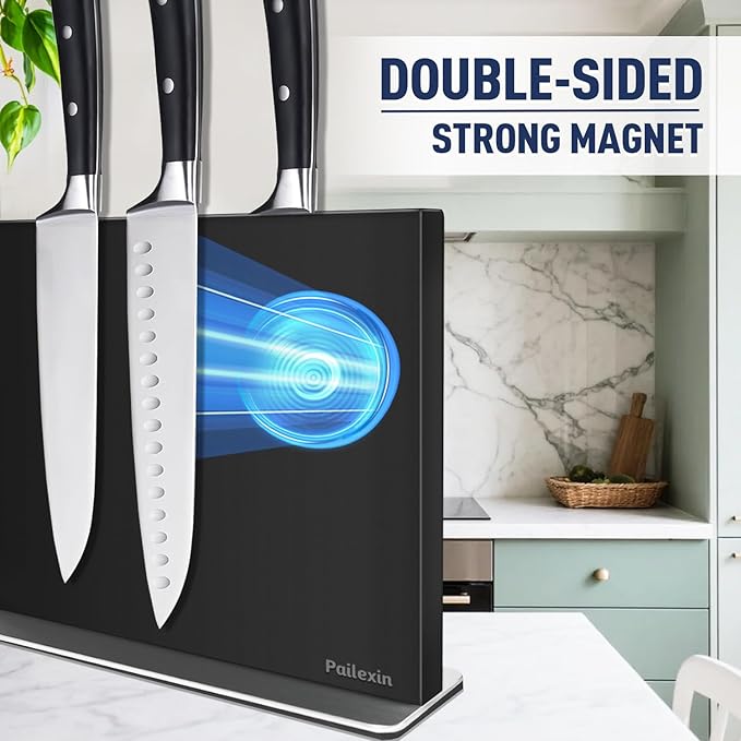 Magnetic Knife Block Without Knives—Black Stainless Steel Double-Sided Magnetic Knife Holder Stand with Strong Magnets, Knife Storage Organizer for Kitchen Counter top, 16 inch