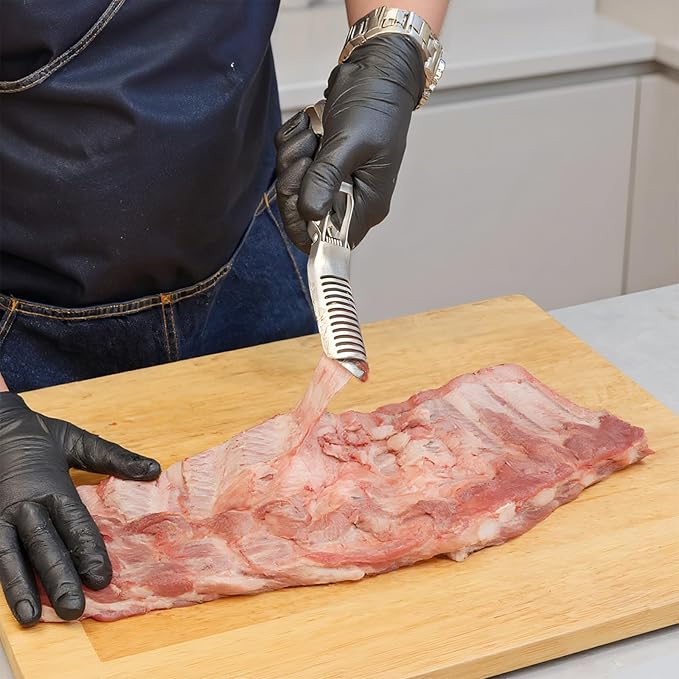 BBQ Rib Skinner & Membrane Remover - Ergonomic Rib Prep Tool with Boning Tongs, Stainless Steel Non-Slip Grip, Dishwasher Safe BBQ Grilling Accessory
