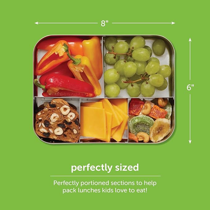 LunchBots Medium Trio II Snack Container - Divided Stainless Steel Food Container - Three Sections for Snacks On the Go - Eco-Friendly, Dishwasher Safe, BPA-Free - Stainless Lid - Green Dots