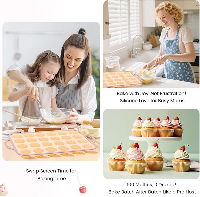 Silicone Mini Muffin Pan With Metal Reinforced Frame - 24 Cups Durable Silicone Cupcake Pan for Muffin, Cupcakes, BPA Free and Dishwasher Safe - 2 Piece Yellow