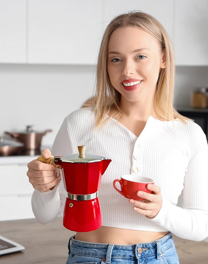 AGOGO Milano Moka Pot, Stovetop Espresso Maker, Greca, Coffee Percolator, Turkish Coffee Maker with Paper Filter 6 Cup Red