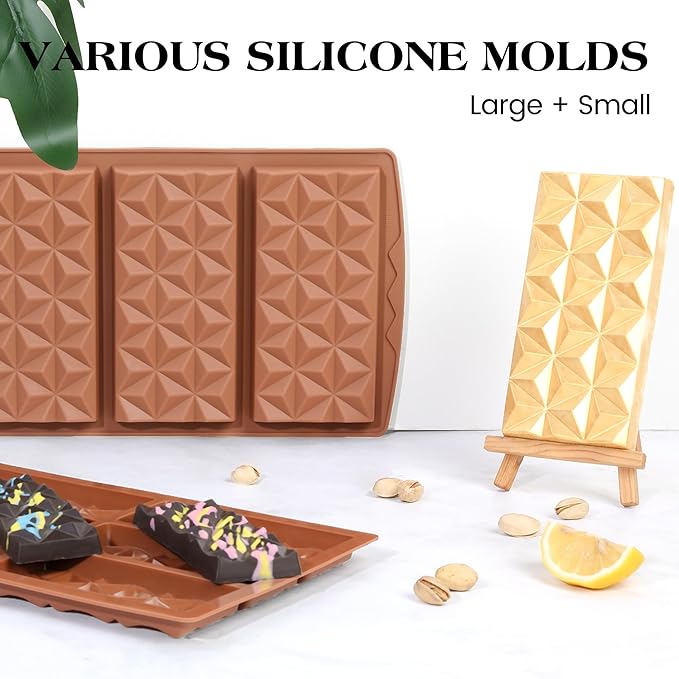3 Pcs Deep Dubai Chocolate Bar Mold Large Stuffed Silicone Molds for Filling Knafeh Pistachio Chocolate Bar Thick Candy Molds Break Apart (Pyramid Shape)