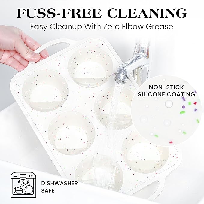 1 Pc Jumbo Muffin Pan with Metal Frame, Nonstick 6 Cup Extra Large Cupcake Pan for Baking, Silicone Deep Muffin Tray for Egg Bites (Cream)