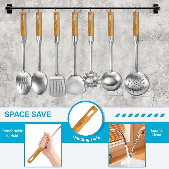 Large Stainless Steel Kitchen Utensils Set, 7 Pcs Cooking Utensils Set with Wooden Handle, Heat Resistant Spatula Tools Set for Cooking, Food Grade Utensils Sets with Turners Spoon Ladle Pasta Fork
