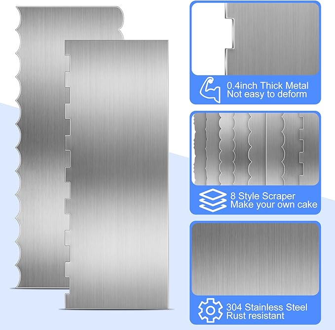 Geiserailie 4 Pieces Stainless Steel Cake Scraper Smoother Large Double Sided Patterned Edge Stripe 9 Inch Metal Cake Decorating Comb for Icing Mousse Butter Cream Decoration, 4 Styles