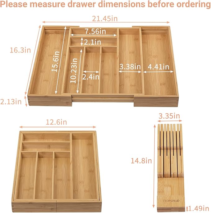 Bamboo-Silverware-Drawer-Organizer-Kitchen, Expandable Utensil Holder Cutlery Tray Flatware Organization Adjustable Wood Tableware Dividers Storage (with Removable Knife Block)(Natural)