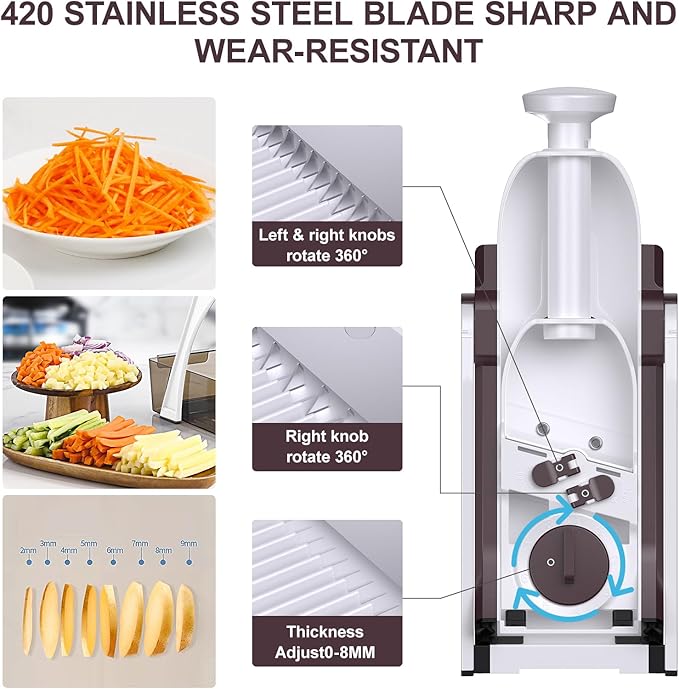 5 in 1 Safe Mandoline Slicer for Kitchen, Safe Vegetable Chopper with Paring Knife, Adjustable Thickness, Easy to Clean, Vegetable Slicer, Slicing, Strips, Shredding, Dicing, Chop (Brown)