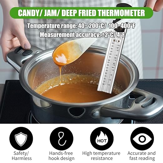 2Pcs Candy Thermometer with Pot Clip and Hanging Hook, Upgrade Stainless Steel Deep Fry Oil Thermometer Instant Read Cooking Thermometer for Food, Oil/Candy/Fry/Jam/Sugar/Syrup/Jelly Food Thermometer