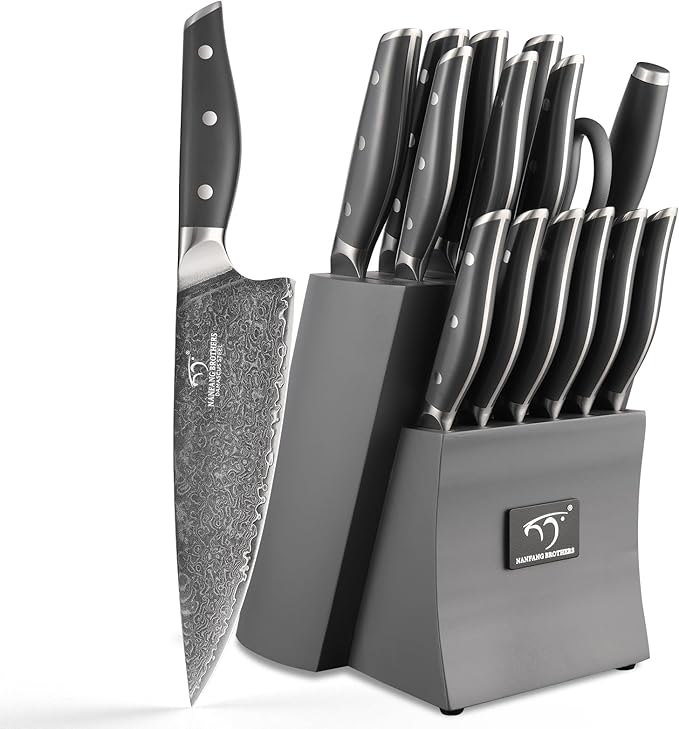NF NANFANG BROTHERS Damascus Kitchen Knife Set, 16-Piece with Block, ABS Ergonomic Handle, Carving Fork, Disconnect-type Knife Block (Gray)