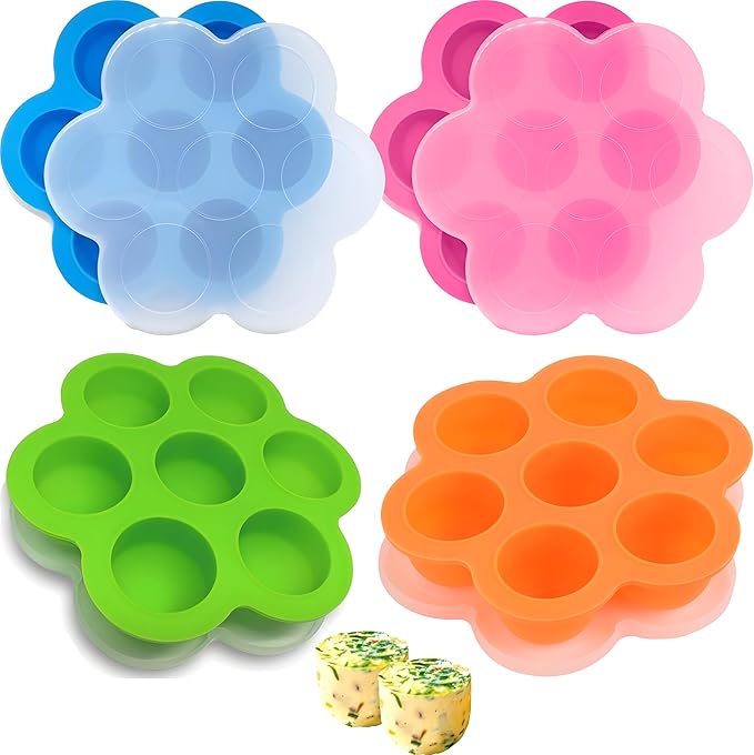 GOKCEN's Silicone Egg Bite Molds [4 Pack] Instant Pot Accessories - Fit Instant Pot 5,6,8 qt Pressure Cooker - Food Freezer Tray with Lid - Reusable Storage Container (4Pcs/Blue-Orange-Pink-Green)
