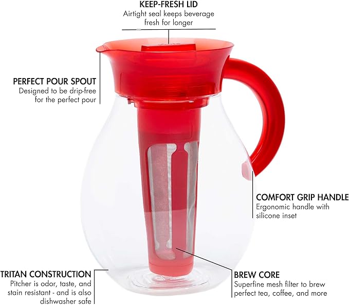 Primula The Big Iced Tea Maker Tritan Plastic Infusion Beverage Pitcher with Leak Proof, Airtight Lid, Fine Mesh Resuable Filter, Manufactured without PFOA, Dishwasher Safe, 1-Gallon, Red
