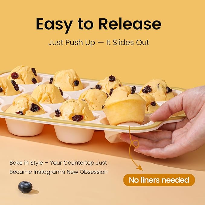 Silicone Muffin Pans for Baking 2 Pack, 2.6 Inch with Metal Reinforced Frame, Regular Size Nonstick Cupcake Pan 12 Cups for Baking Homemade Muffins, Dishwasher Safe BPA Free-Light Yellow