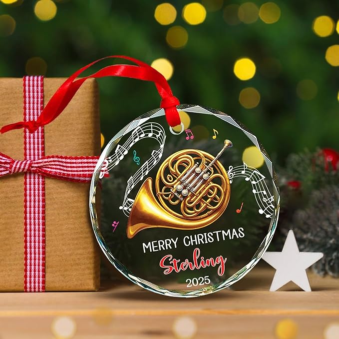 Musical Instrument Glass Ornament Christmas 2025, Personalized French Horn Player Xmas Ornaments, French Horn Glass Ornament Gifts for Musician, Custom Text & Name Instrument Lover Christmas Keepsake