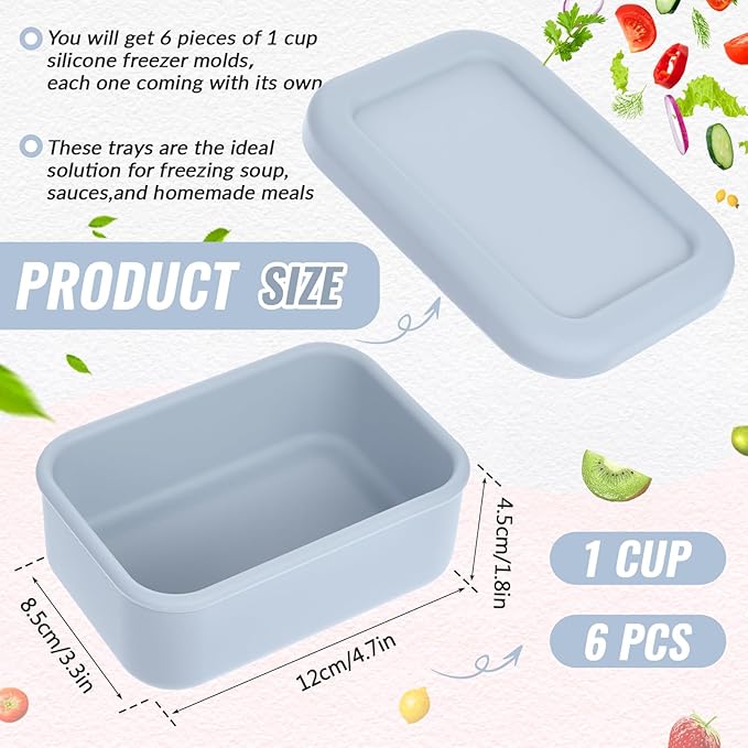 6 Packs 1 Cup Silicone Soup Freezer Molds with Lid Silicone Soup Freezer Trays Rectangle Reusable Food Preserving Tray Freezing Sauces Stews(Multiple Color)