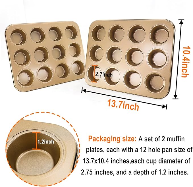 2 Pack Premium Nonstick Bakeware 12-Cup, Mini Muffin Pan, Dishwasher Oven Safe(Golden, 12 Cup (2 pcs)
