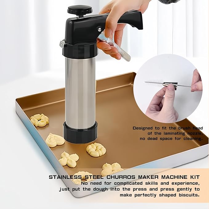 Cookie Press, Cookie Press Gun for Baking, Spritz Cookie Press, Stainless Steel Churros Maker Machine Kit, with 6 Brushes, 13 Cookie Discs, 8 Icing Nozzles, for Cookie Decorating