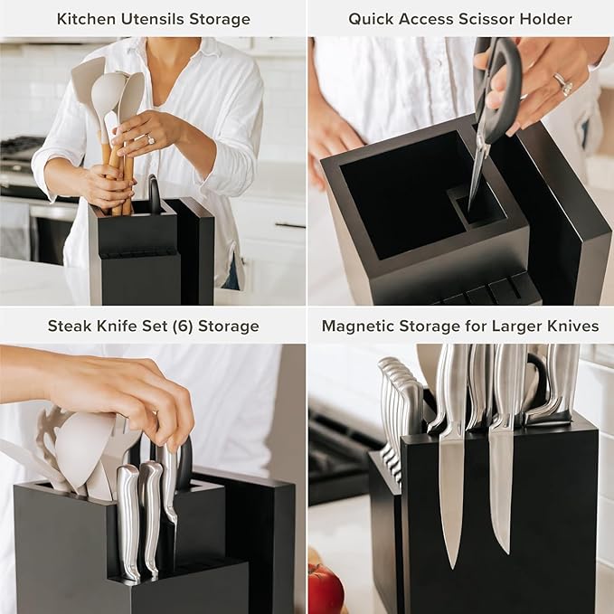 KitchenEdge Bamboo Magnetic Knife Block and Cooking Utensil Holder, Sleek Storage for Chefs Knives, Steak Knives, Spatulas, Scissors, Non-Slip Rubber Feet, Easy to Clean, Food-Safe Black Finish