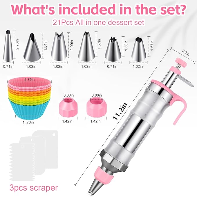 Dessert Decorating Syringe Set, Icing Piping Kit Stainless Steels Cake Decorating Tools with 6 Piping Tips & 9 Silicone Cupcakes & 3 Cream Scrapers, Cake Decorating Kit Frosting Piping Kit