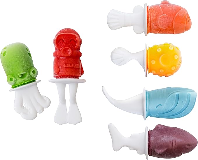 Zoku Fish Pop Molds, 6 Different Easy-release Silicone Popsicle Molds in One Tray, Unique Sea-creature Designs, BPA-free