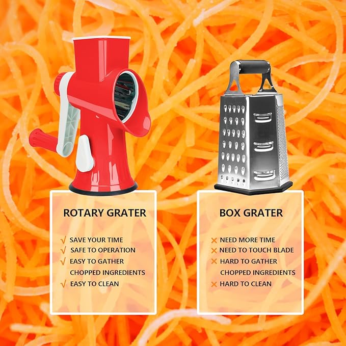 Rotary Cheese Grater with Handle-Versatile Cheese Grater Non-Slip Suction Base,Cheese Shredder & Food Slicer for Cheese,Carrots, Cucumbers,Nuts-Compact & Easy Clean Kitchen Kitchen Tool (red)