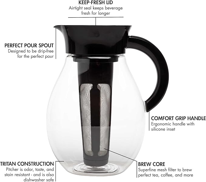 Primula The Big Iced Tea Maker and Infuser, Plastic Beverage Pitcher with Leak Proof, Airtight Lid, Fine Mesh Reusable Filter, Made without BPA, Dishwasher Safe, Black