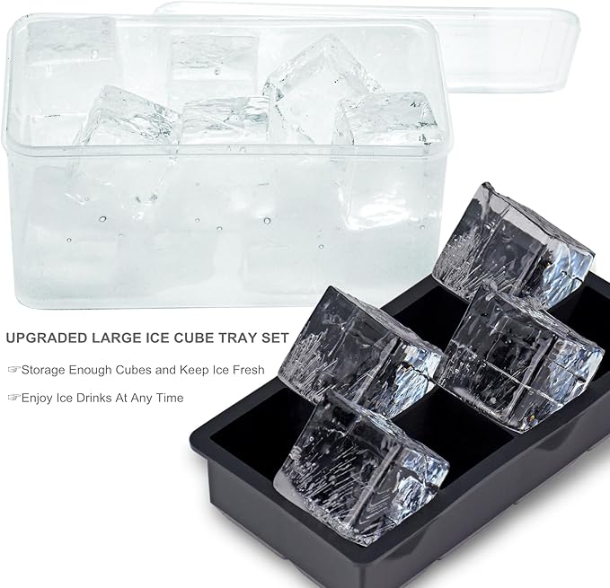 Bangp Large Ice Cube Tray with Bin and Tongs,2 Pack Large Size Silicone Ice Cube Trays for Whiskey, Big Square Ice Cube Molds Making 16 Giant Ice Cubes for Whiskey Cocktails Bourbon