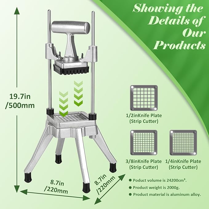 Commercial Vegetable Fruit Chopper, Stainless Steel Potato Cutter with 1/2 Inch, 3/8 Inch and 1/4 Inch Blades, Durable French Fry Cutter, Easy Clean Manual Cutter for Tomatoes Peppers Mushrooms