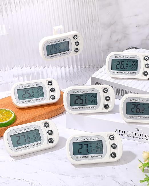 Frienda 8 Pack White Digital Fridge Thermometer Waterproof Refrigerator and Freezer Room Max/min Record Function LCD Screen Refrigerator Thermometer with Hook and Magnetic Back for Home