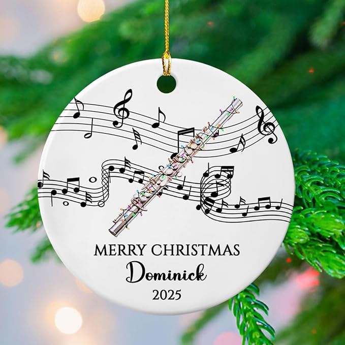 Customized Text/Year/Name Flute Player Ceramic Ornament, Personalized Xmas Ornaments Gift for Flautist Instrument Lover Brother Sister Dad Mom Daughter Son, Unique Flute Musical Ceramic Ornament