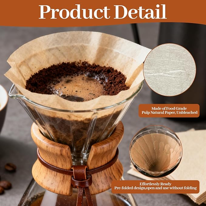 100 Pcs Pre-Folded Unbleached Coffee Filters, Brown Square Disposable Paper Pour Over Coffee Filter, 5-13 Cups Drip Percolator Coffee Filters, Filter for Pour-Over Coffee Makers Home Office