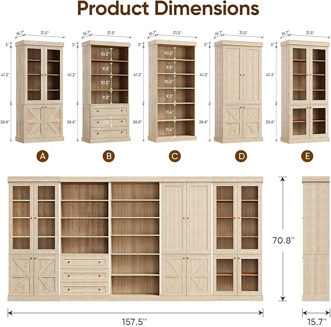 70.8" Tall Farmhouse Bookshelf with Glass Doors, Modular Bookcase with 6-Tier Adjustable Shelves, Large Storage Cabinet for Kitchen, Living Room, Brown, Set of 3