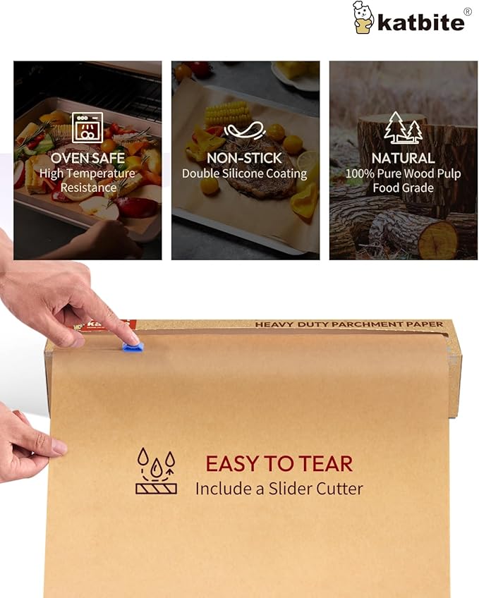 Katbite Heavy Duty Parchment Paper Roll for Baking, 15 in x 210 ft, 260 Sq.Ft Baking Paper with Slide Cutter, Easy to Cut & Non-stick Cooking Paper for Bread, Cookies, Air Fryer, Steaming, Grilling
