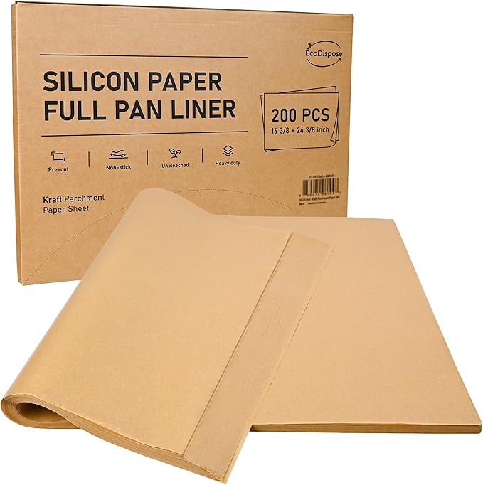 EcoDispose Non-Stick Precut Parchment Paper Baking Sheets Full Pan liner for Bake (16-3/8" x 24-3/8",Unbleached,200PCS)