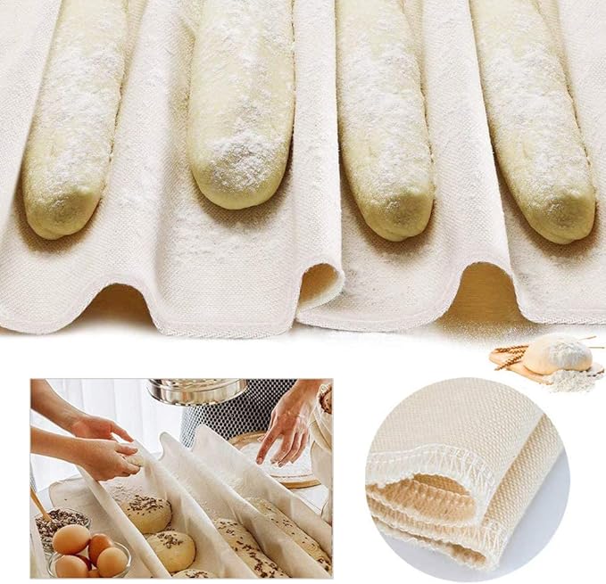 Stainless Steel Perforated French Baguette Bread Pan 3 Waves Toaster Oven Baking Tray (15"x10") with Large Bread Proofing Cloth (17.7" x 30.3")