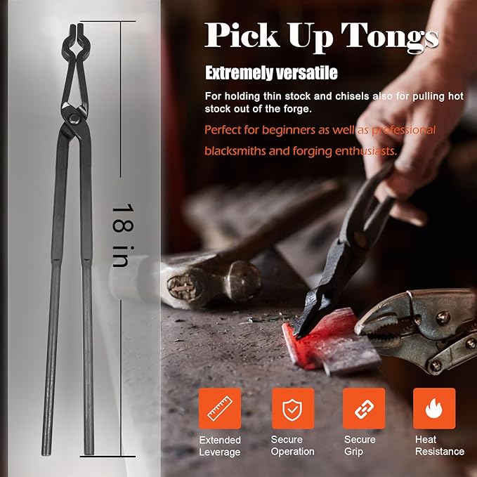 Beginner blacksmith tongs Blacksmith Forge Tong Tools Set Includes 1/4 Flat Jaw, Pick Up, Scroll, 3/8 1/2 5/8 V-Bit Tongs (6 Piece)
