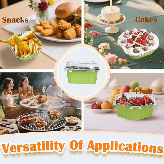 50 Pcs Mini Square Baking Cups with Lids,5oz Aluminum Foil Mini Cake Pans with Lids,Disposable Ramekins Cake Pans,150ml Dessert Cups Cupcake Pans for Wedding Birthday Party,Light Green