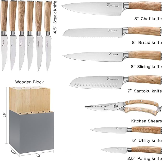 Natura Series 14 PCS Knife Block Set, Ultra Sharp High Carbon Stainless Steel with Wooden Handle