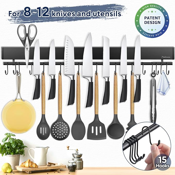 23 inch magnetic knife holder with 15 hooks, No Drilling black knife magnetic strip and utensil hanger for wall, Powerful knife magnet rack include tape and screws