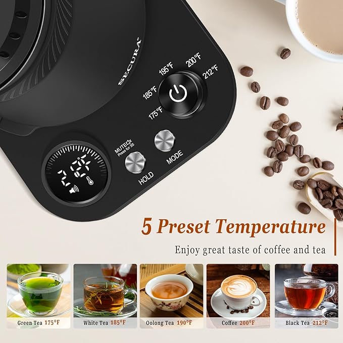 Secura Electric Gooseneck Kettle with 5 Temperature Control Presets, 100% Stainless Steel Inner Tea/Coffee Kettle with 1.5H Keep Warm, 1200 Watt Quick Heating for Coffee Tea Brewing, 0.8L, Matt Black