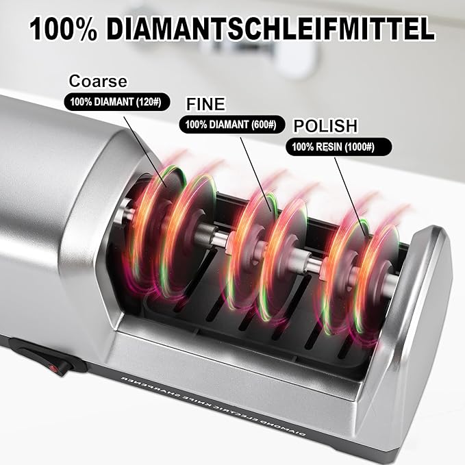 Electric Knife Sharpener 3 Stage, With 100% Diamond Abrasives and 15° Precision Angle Guides, Knife Sharpener Electric for all Kitchen Knives, Super Quiet Sharpenning and Polishing, Silver