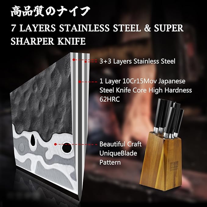 SHAN ZU 7-Piece Japanese Knife Set - 7 Layers 10Cr15MoV High Carbon Steel Kitchen Knifes Set with Block and Sharpener,Ultra-Sharp Chef Knife Set with G10 Handle