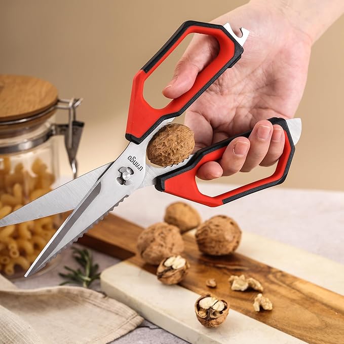 LIVINGO Kitchen Scissors Set All Purpose - Heavy Duty Stainless Steel Come Apart Food Shears for Cutting Meat, Vegetables, Dishwasher safe, 2 Pack, Red Black Multi-Function Handles