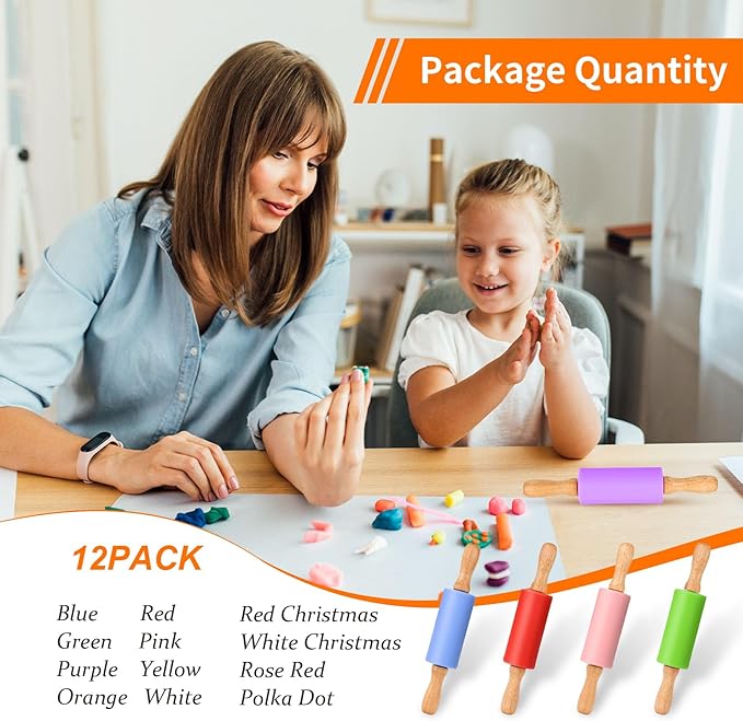 Mini Silicone Rolling Pin for Kids, Non-stick Surface Wood Handle, 9 Inch 12 Pack