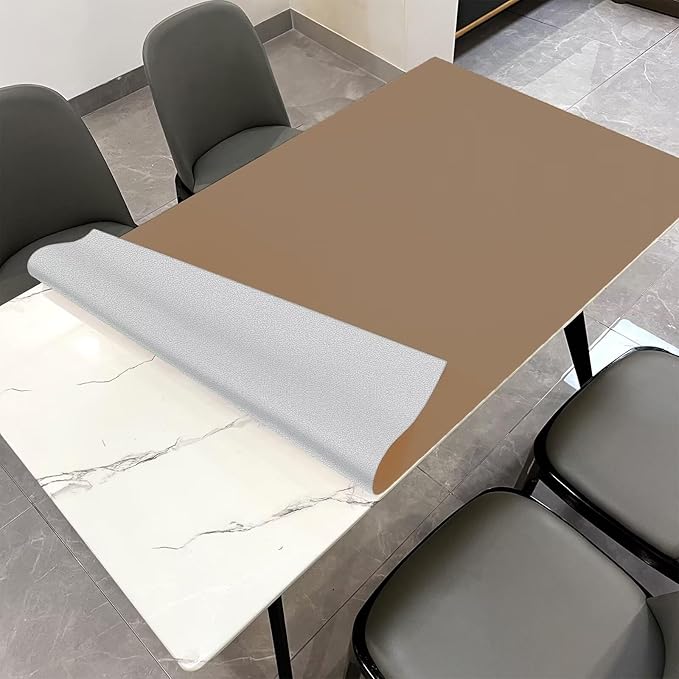 Leather Table Cover,1.8mm Thick,35.4x70.9 Inch Table Protector,Table Protector for Dining Room Table,Dining Table Cover,Table Cover Protector,Wood Table Protector(Khaki+Silvery,35.4x70.9)