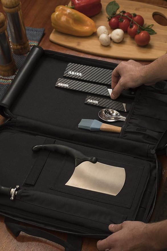 Asaya Chef Knife Bag - 28 Pockets for Knives and Kitchen Utensils - Durable Ballistic Nylon, Black Stainless Steel Hardware, Card Holder and Adjustable Shoulder Strap - Knifes not Included