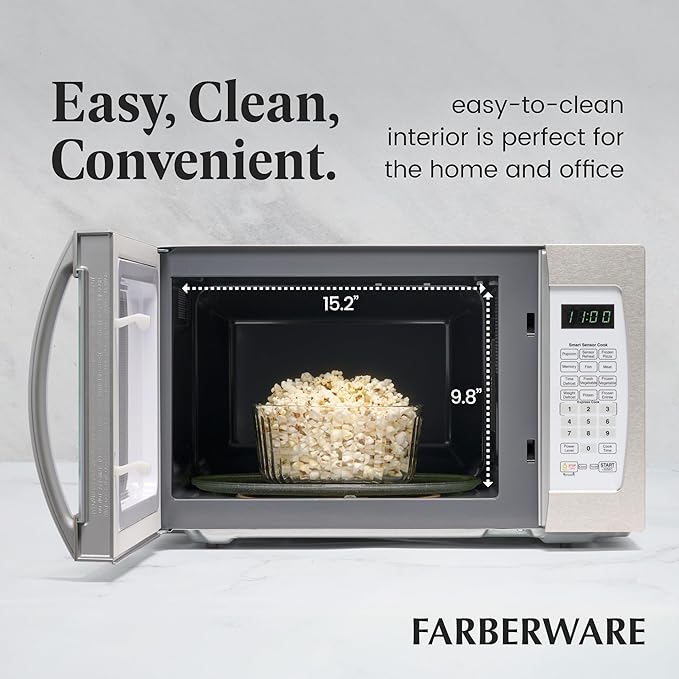Farberware 1.3 Cu. Ft. Countertop Microwave Oven – 1100 Watts Power, Smart Sensor Auto Cook Settings, Defrost, Easy Clean and Child Safety Lock - White Platinum