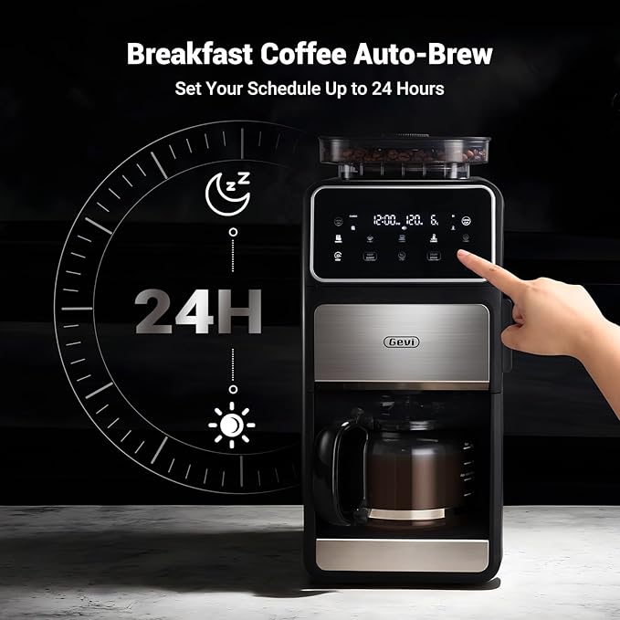Gevi 10 Cup Drip Coffee Maker with Built-in Grinder, Grind ＆ Brew Burr Combo Coffee Machine with Touch Screen, Programmable, 4-Hour Warm Plate, Permanent Filter, Coffee Carafe